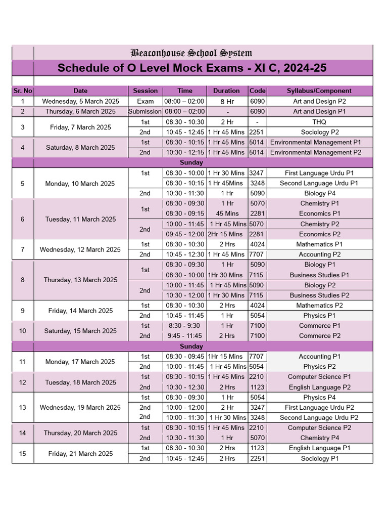 O Level Mock Exam Schedule 2025 | PDF