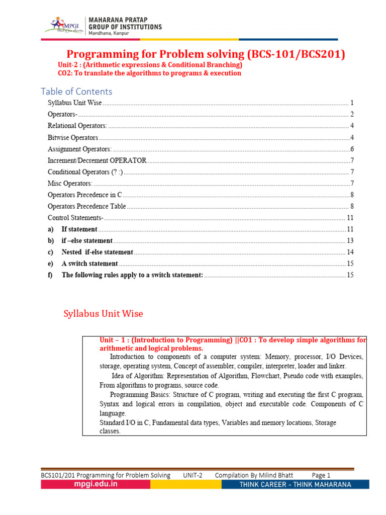 BCS101/201: Arithmetic & Branching Concepts | PDF | Pointer (Computer ...