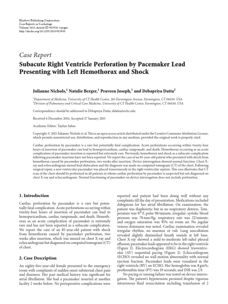 Subacute Right Ventricle Perforation by Pacemaker | PDF | Artificial ...