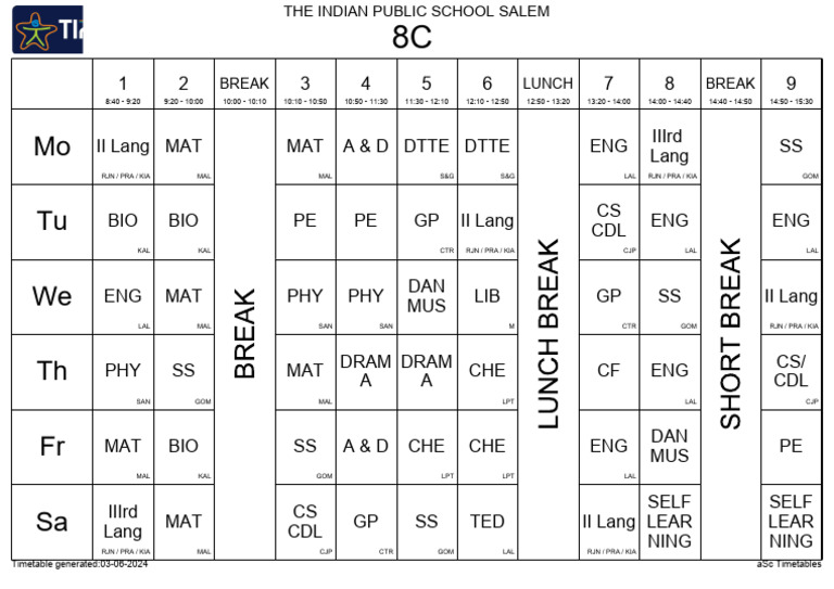 School Timetable for Classes 1-8 2022 | PDF