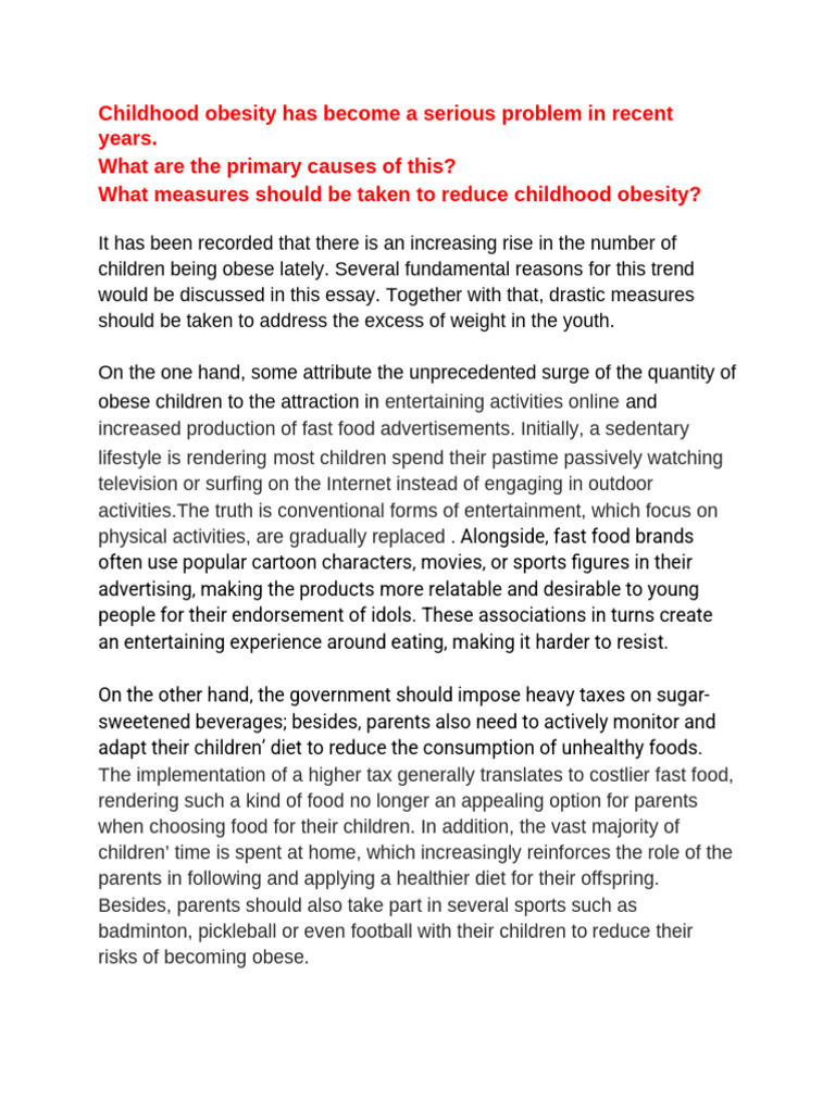 Causes and Solutions for Childhood Obesity | PDF