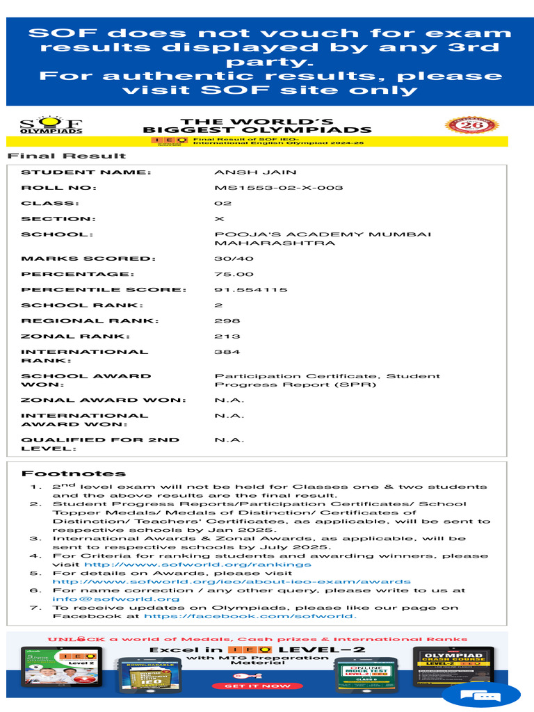 Resuts Science Olympiad Foundation 2 | PDF