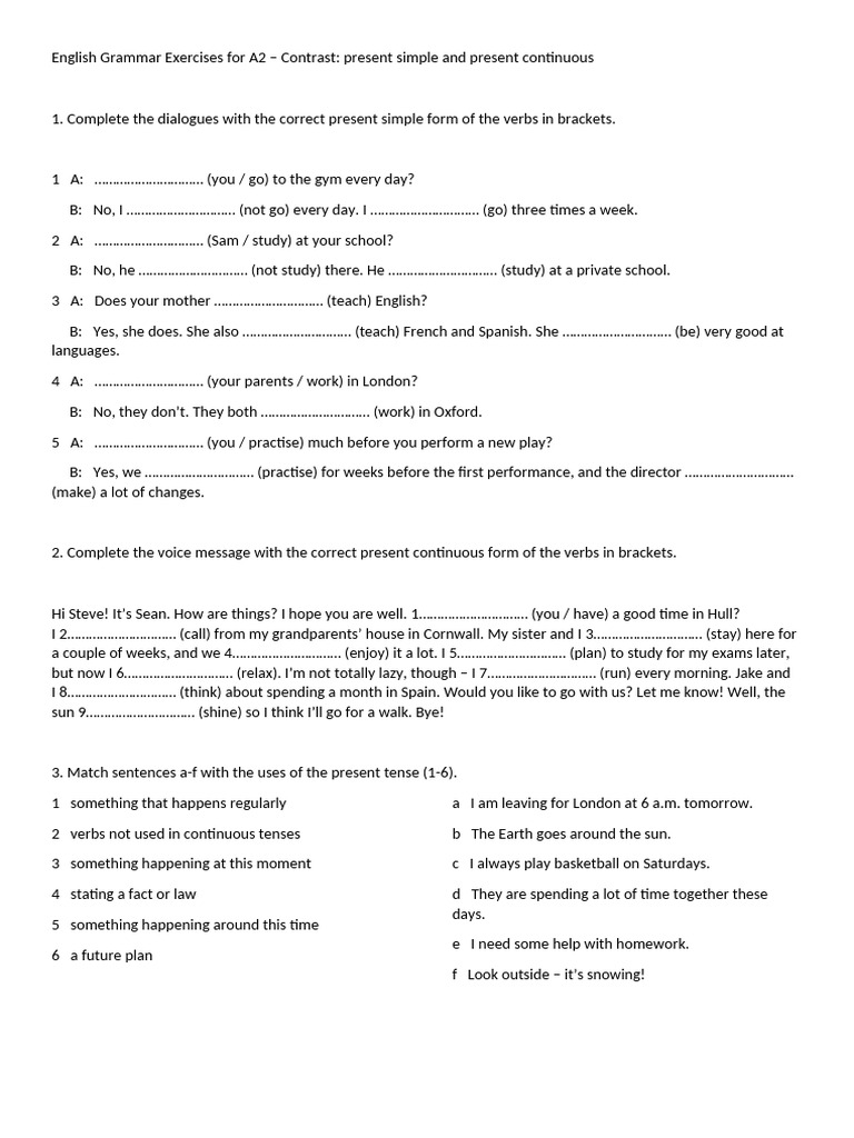 A2 Present Simple vs Continuous Exercises | PDF | Linguistics | Grammar