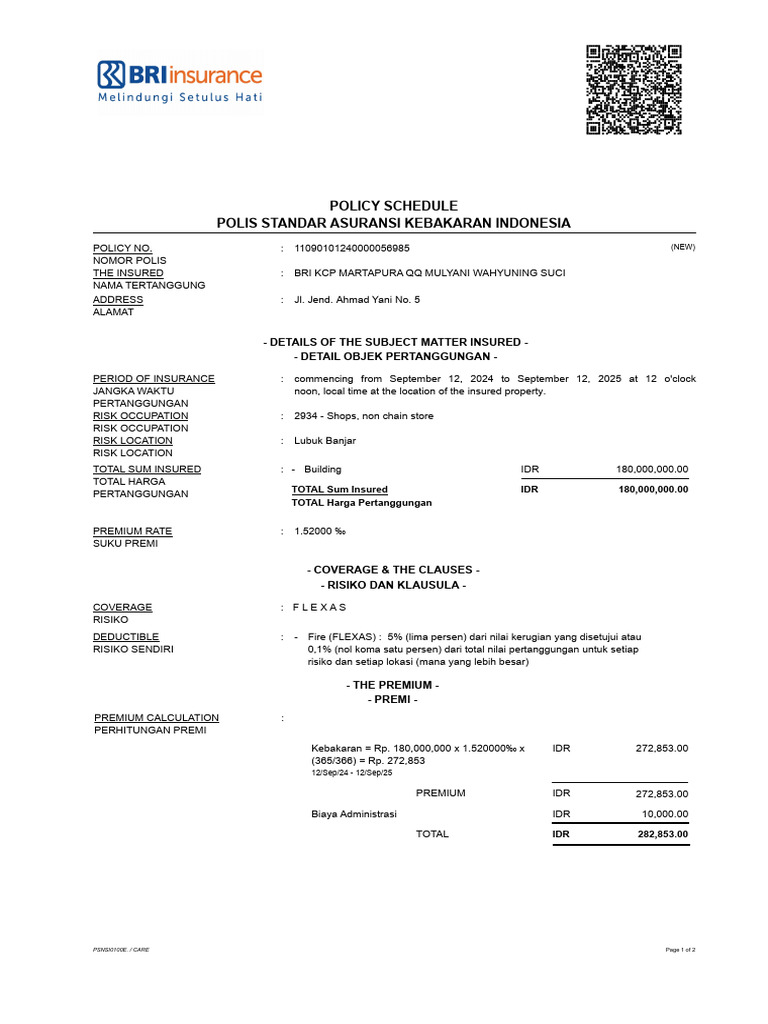 Indonesian Fire Insurance Policy | PDF | Insurance | Financial Services