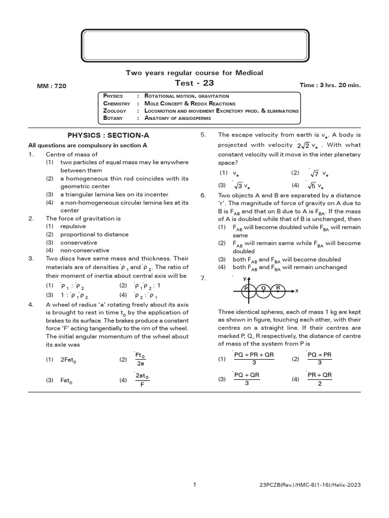 Medical Test Physics Questions 2023 | PDF | Force | Rotation