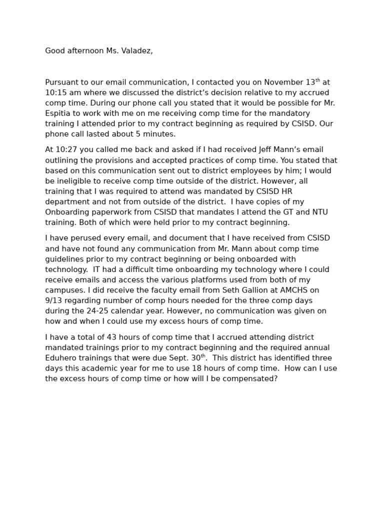 Comp Time Letter McDaniel | PDF