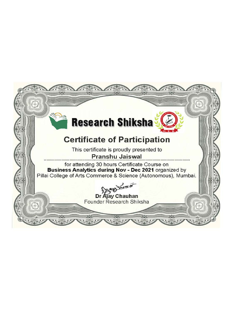 Business Analytics Certificate PDF