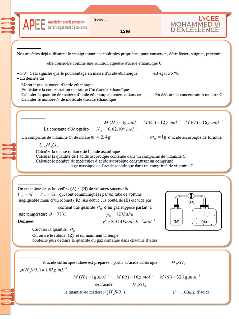 Calculs de chimie : acides et gaz parfaits | PDF | Pression ...