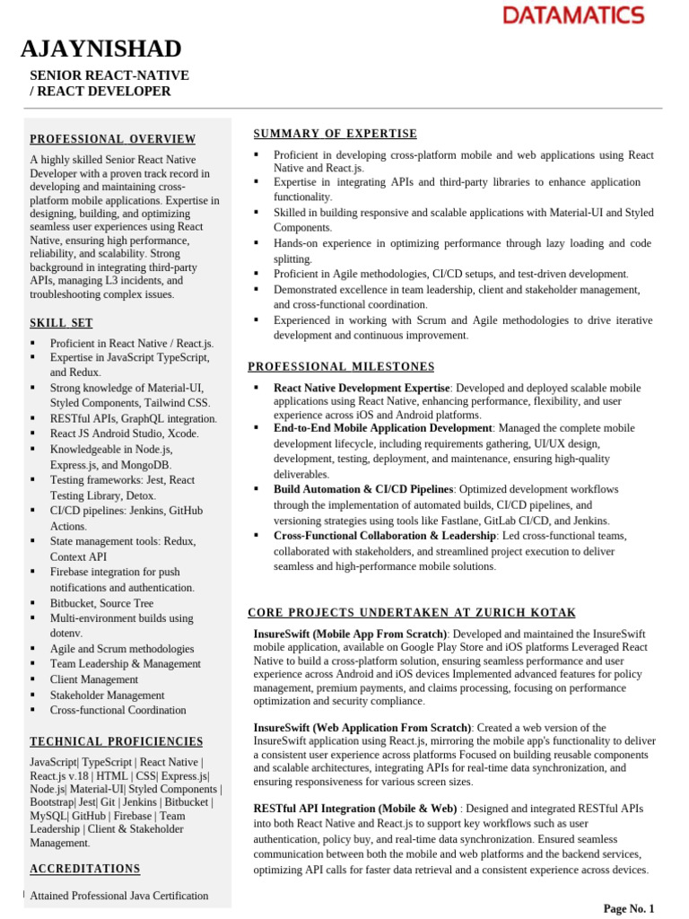Senior React Native Developer Profile | PDF | Mobile App | Computer ...