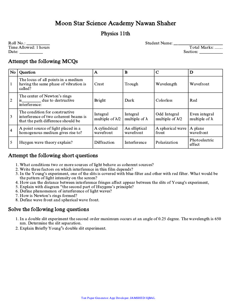 Class 11 Physics MCQs and Questions | PDF | Diffraction | Wavelength