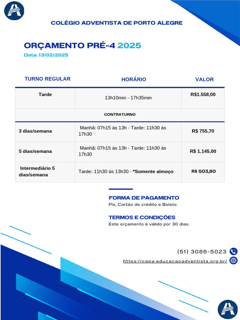 Orçamento Colégio Adventista 2025 | PDF