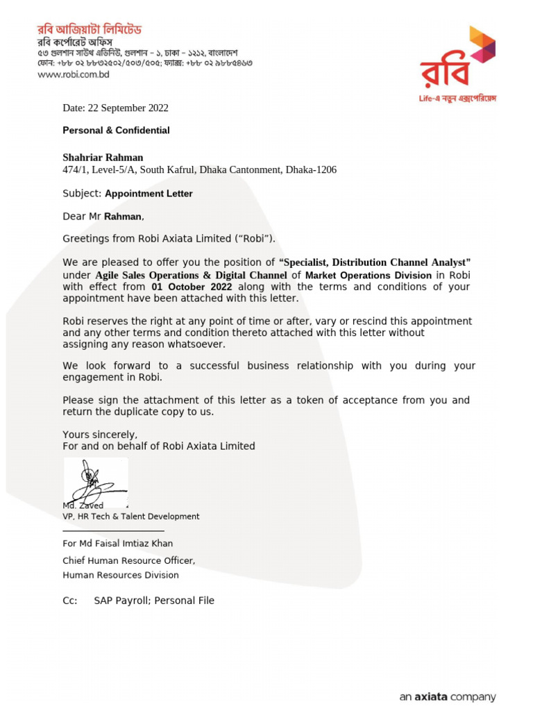 Appointment Letter - New - DIgital Sign - Shahriar Rahman | PDF ...