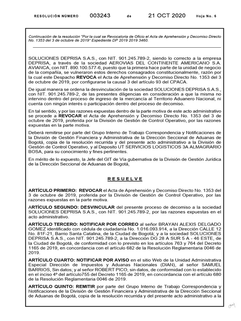 Revocación Acta Decomiso No. 1353 | PDF | aduana | Gobierno