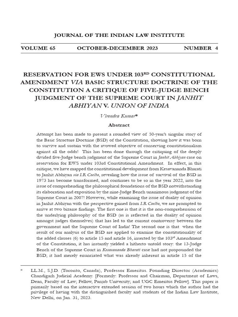 EWS Reservation and Basic Structure Doctrine | PDF | Public Law ...
