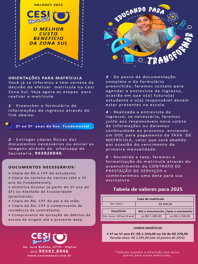 Matrícula e Valores Cesi Zona Sul 2025 | PDF