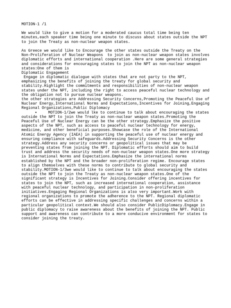 Motion 1 | PDF | Treaty On The Non Proliferation Of Nuclear Weapons ...