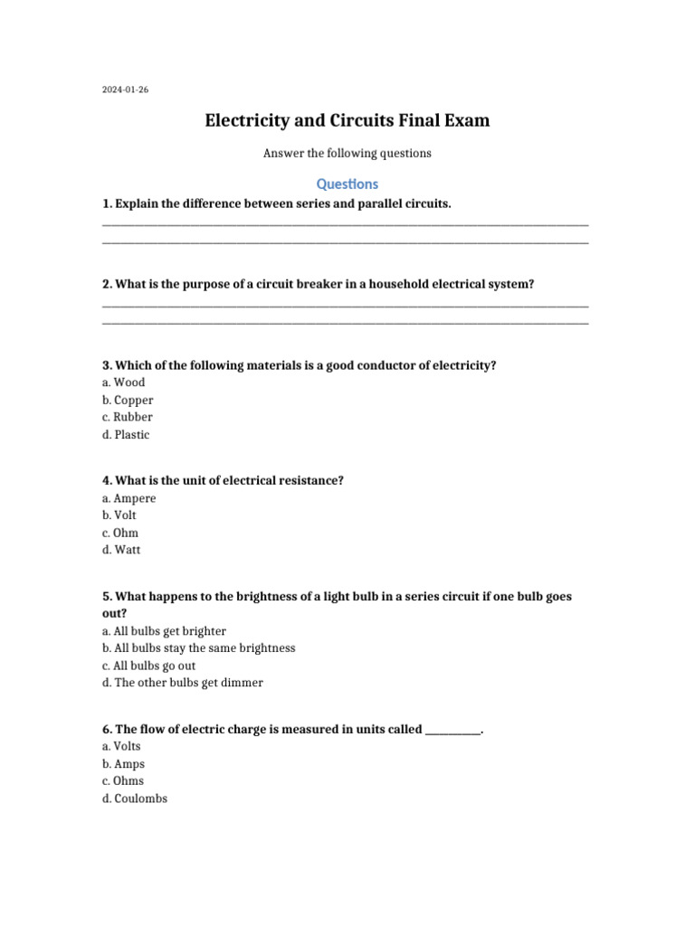 Electricity and Circuits Exam Questions | PDF | Electric Current ...
