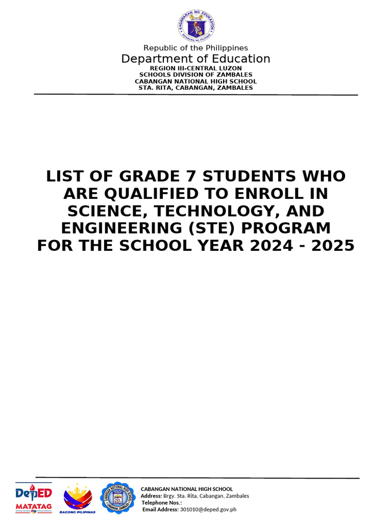 Grade 7 STE Program Enrollment List | PDF