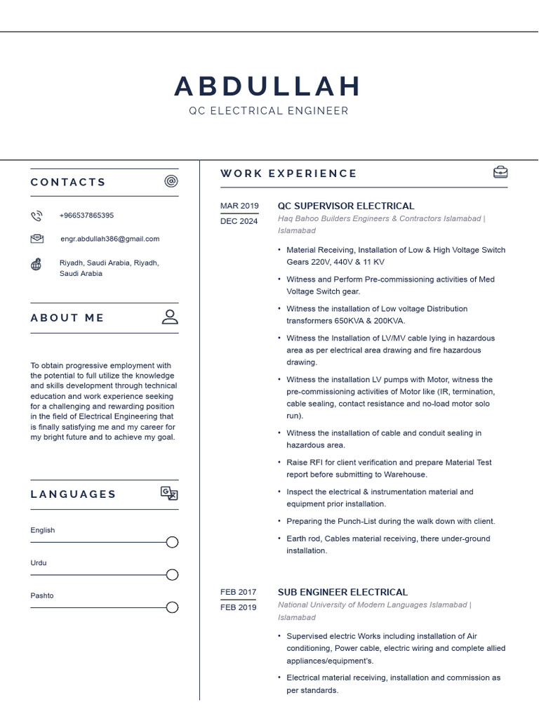 Electrical Engineer Resume - Abdullah | PDF | Electric Power ...