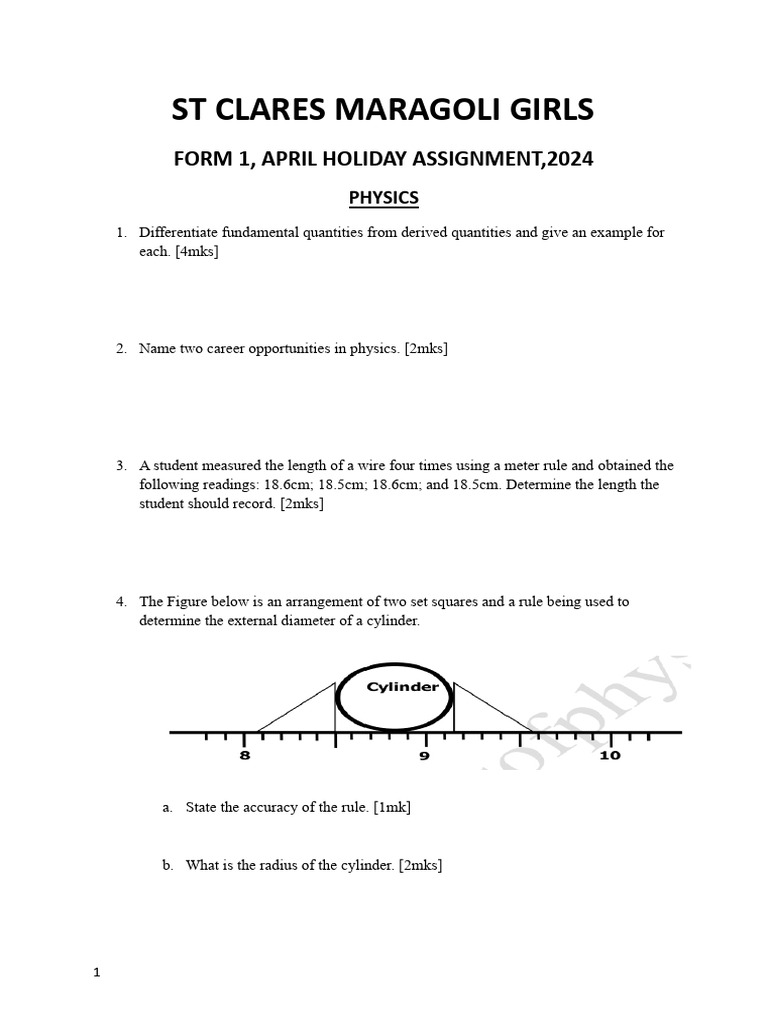 Physics Holiday Assignment Form 1 | PDF | Density | Sphere