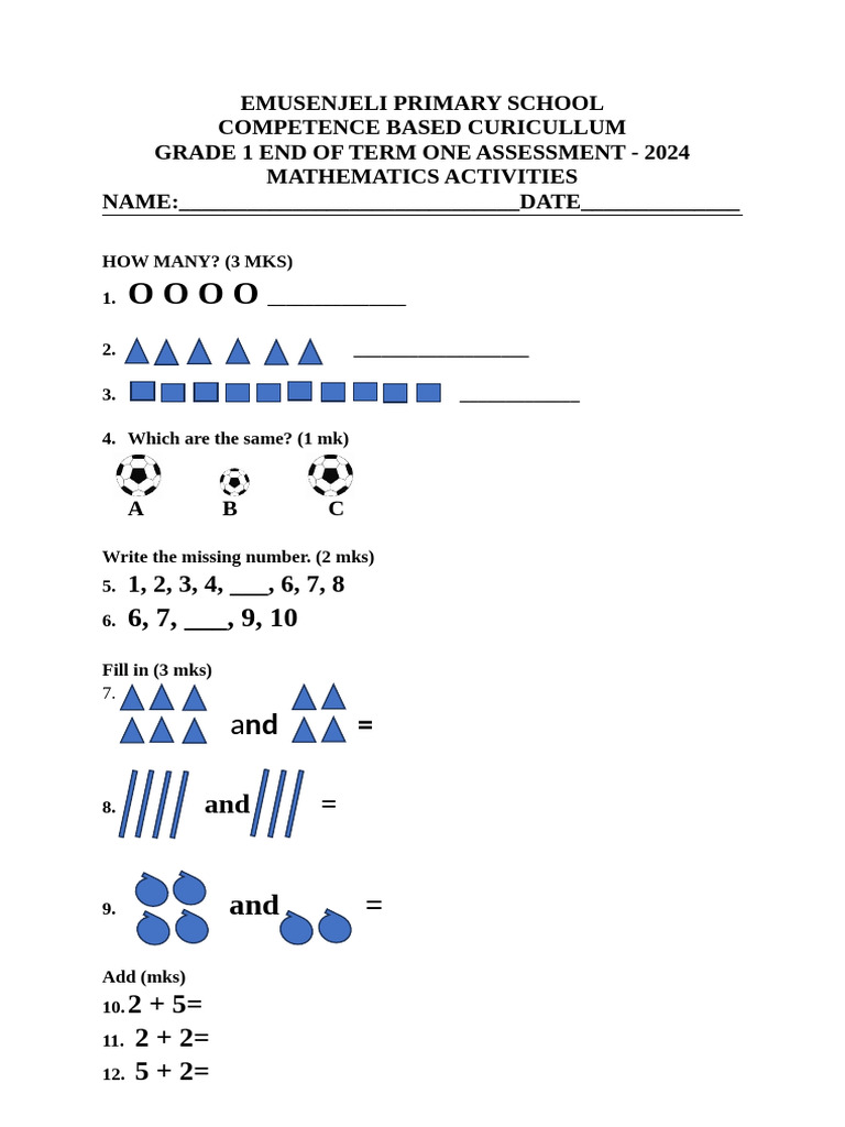 Grade 1 Math Assessment | PDF