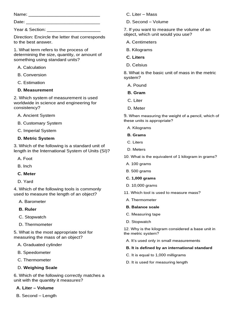 Measurement Concepts and Tools Quiz | PDF | Measurement | Litre