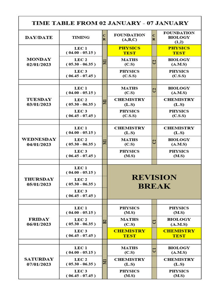 Weekly Academic Timetable: Jan 2-7 | PDF