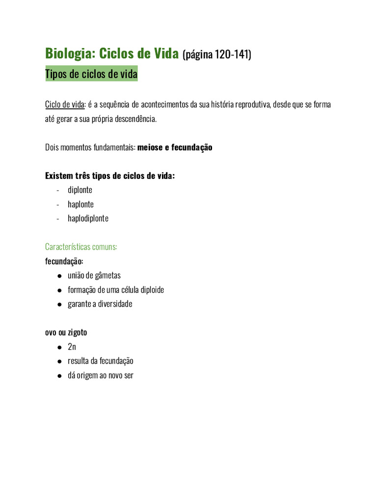 Ciclos de Vida: Diplonte, Haplonte, Haplodiplonte | PDF | Reprodução ...