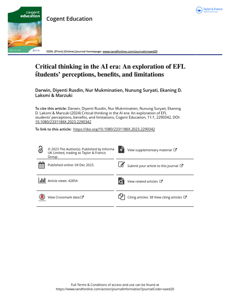 EFL Students' Views on AI and Critical Thinking | PDF | Critical ...
