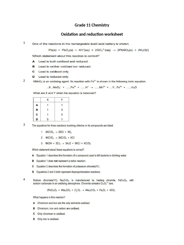 Redox MCQ Worksheet 1 QP | PDF