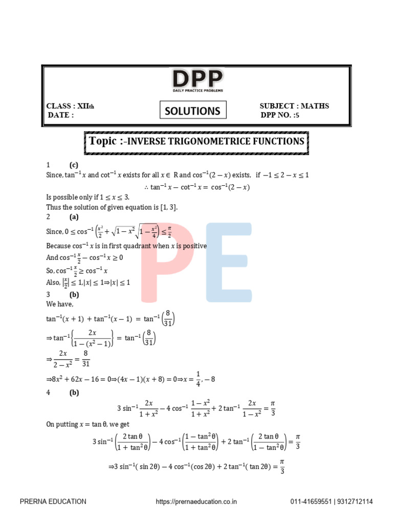 Inverse Trigonometric Functions Solutions | PDF | Trigonometry ...
