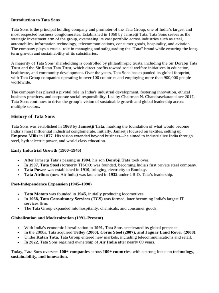 Introduction To Tata Sons | PDF | Corporate Social Responsibility ...