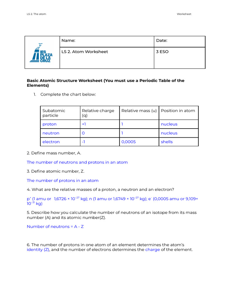 Basic Atomic Structure Worksheet | PDF | Atoms | Neutron