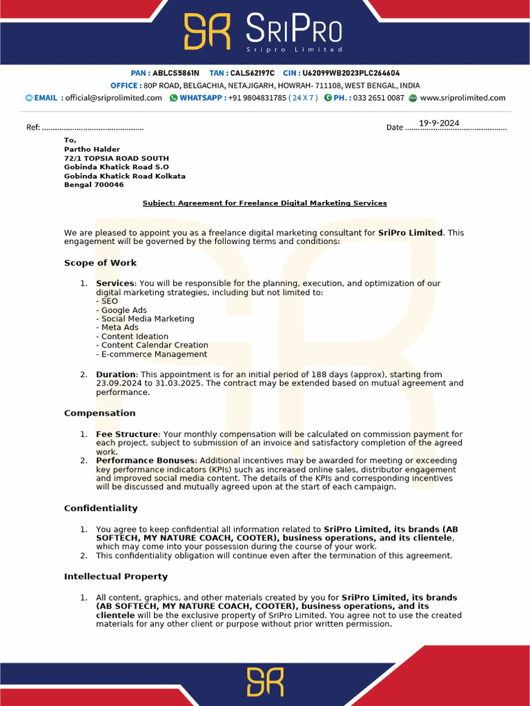 Freelance Digital Marketing Agreement | PDF | Indemnity | Private Law