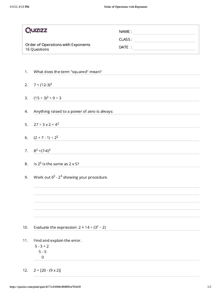 Order of Operations with Exponents Worksheet | PDF
