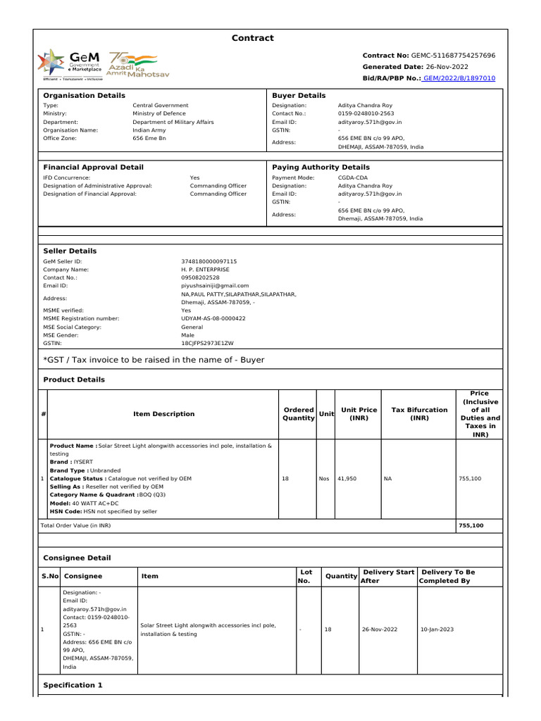 Indian Army Solar Street Light Contract | PDF | Invoice