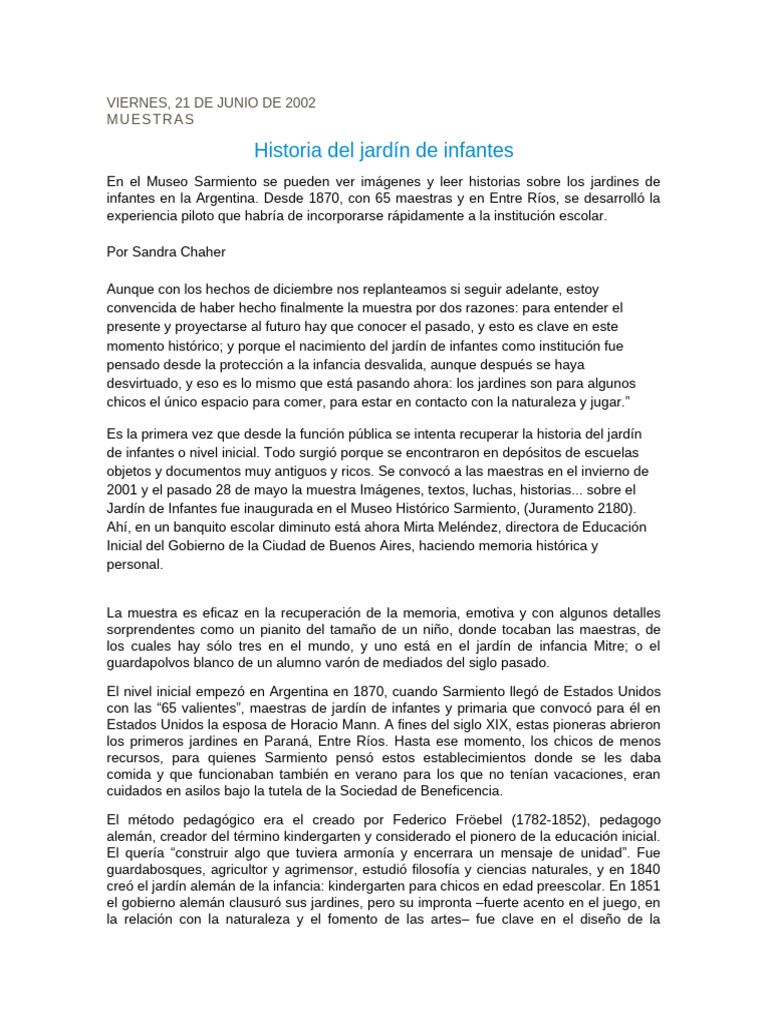 Historia del Jardín de Infantes en Argentina | PDF | Educación de la ...