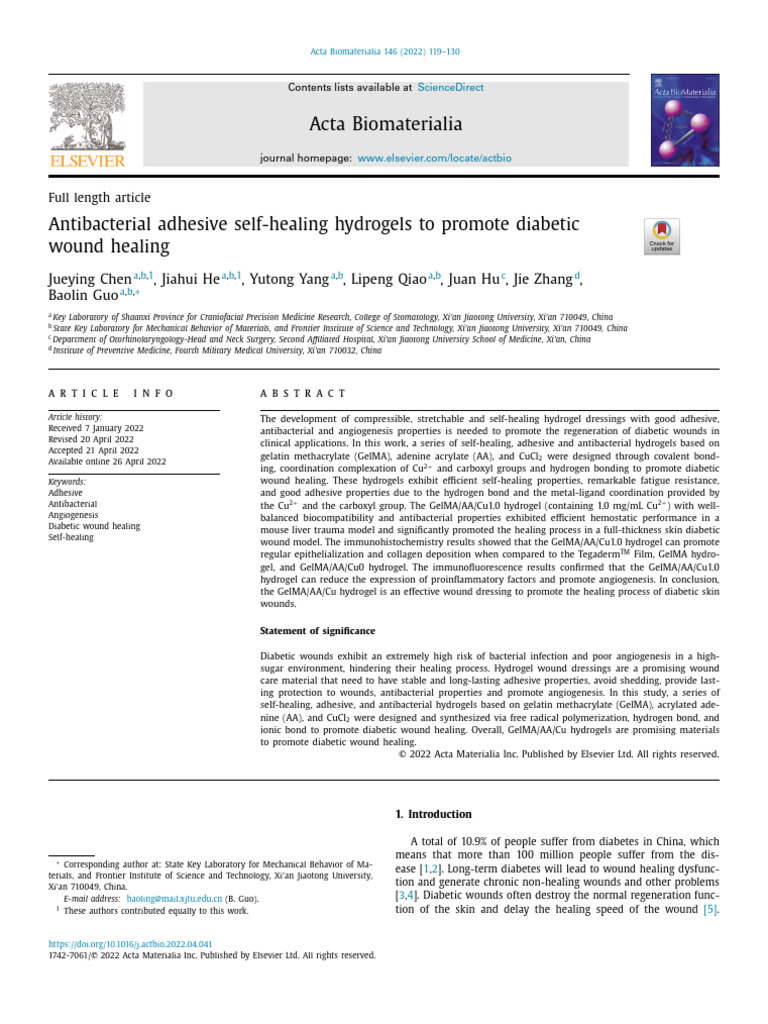 Antibacterial Hydrogels for Diabetic Wounds | PDF | Wound | Wound Healing