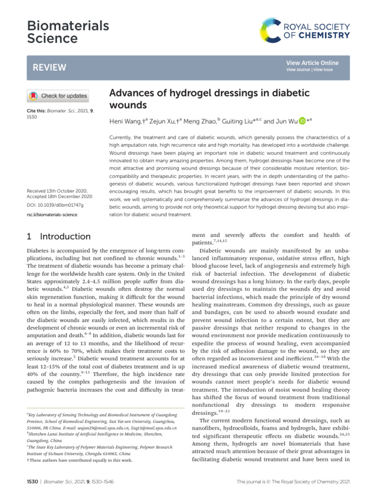 Advances in Hydrogel Dressings for Diabetic Wounds | PDF | Wound ...