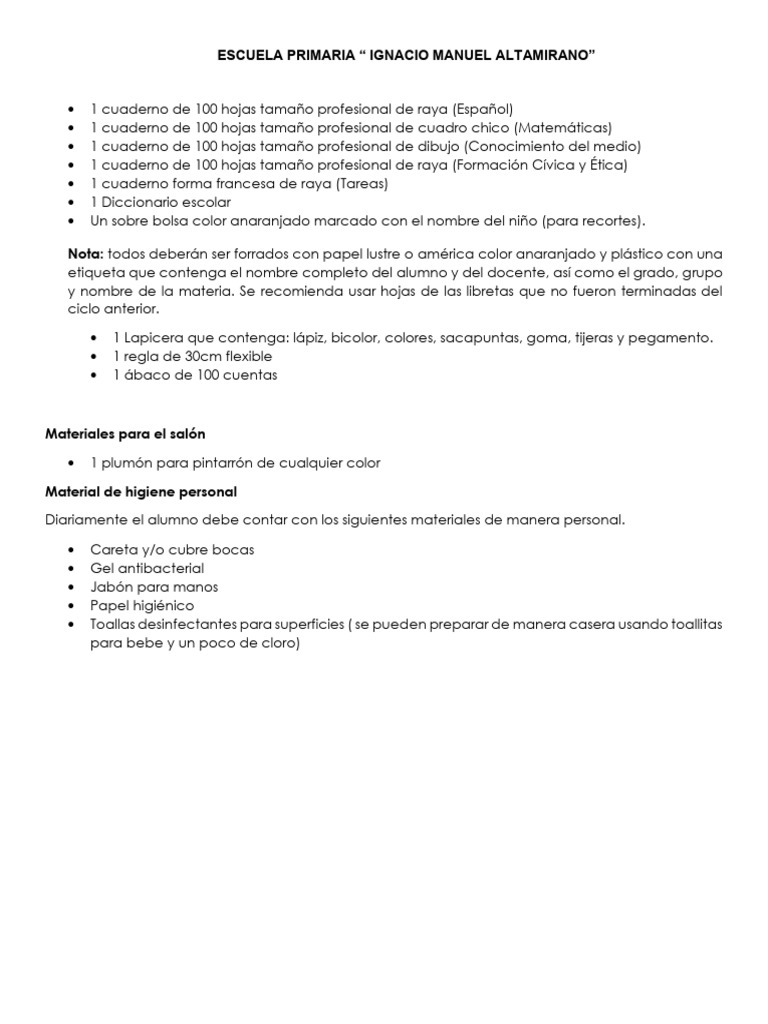 Lista de Útiles Escolares para Segundo Grado Ciclo Escolar 2020 | PDF