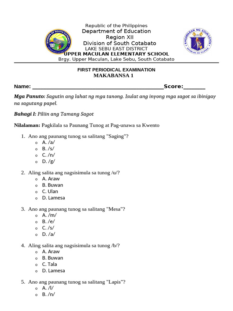 Grade 1 Makabansa Exam Pdf