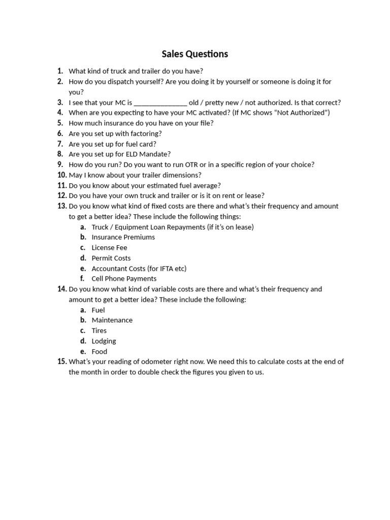 Essential Sales Questions for Trucking | PDF