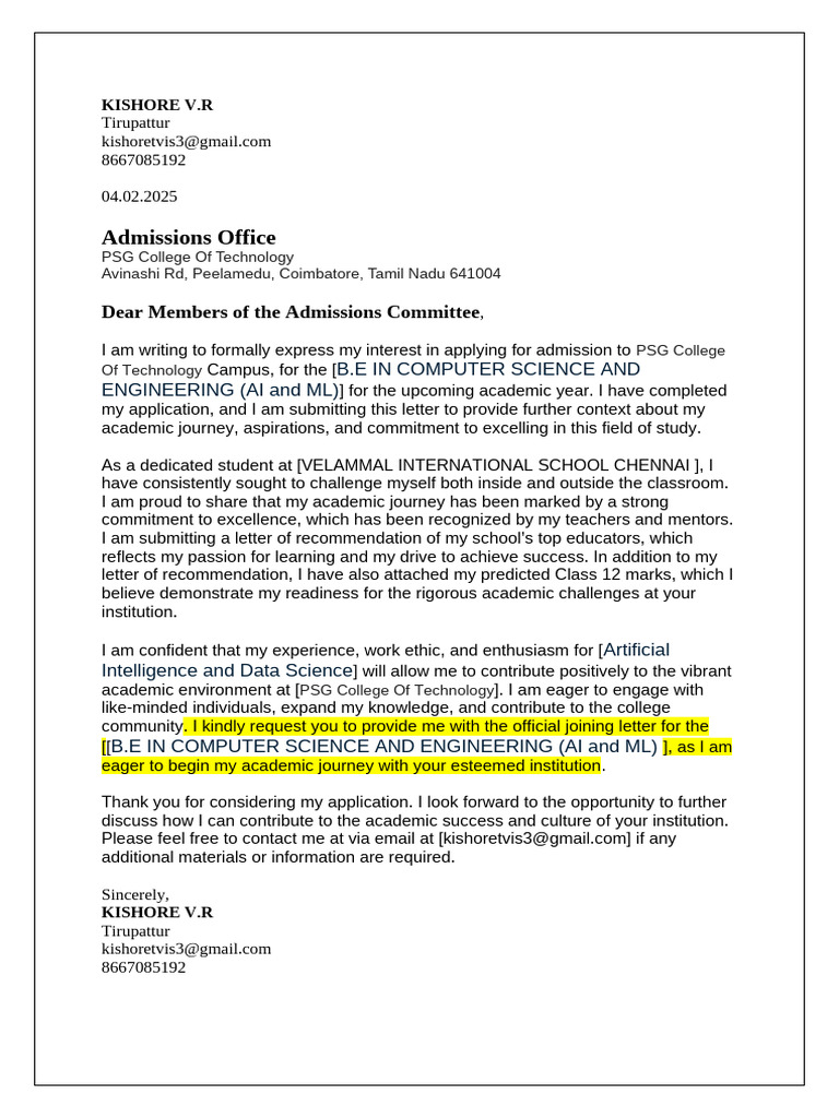 Admission Letter for B.E in CSE (AI/ML) | PDF