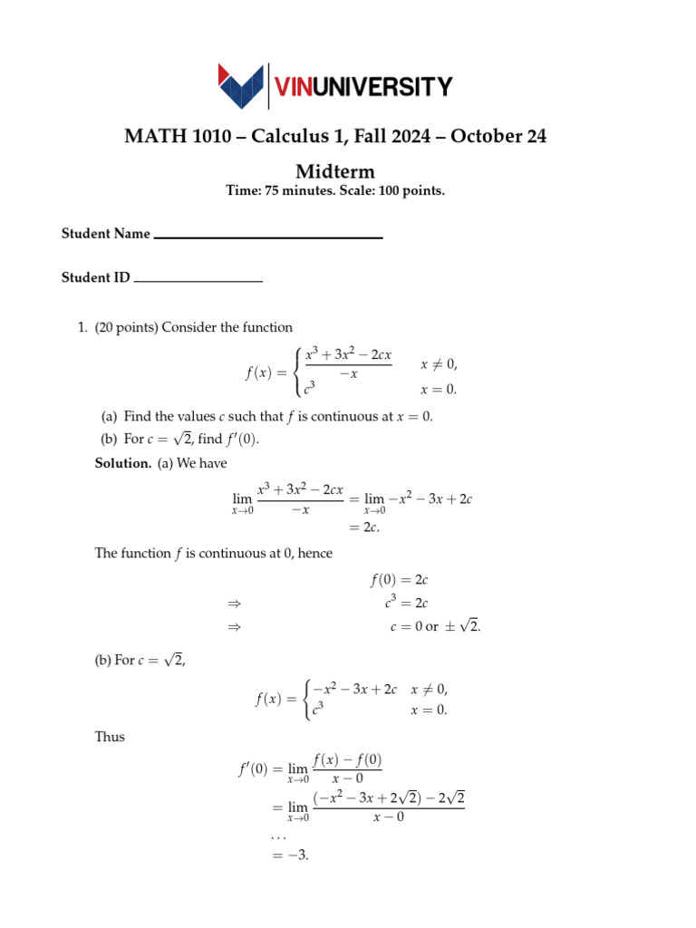 Calculus 1 Midterm Exam Solutions | PDF | Velocity | Mathematics