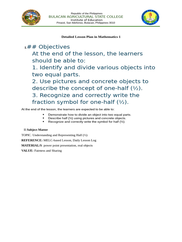 Lesson Plan: Understanding One-Half (½) | PDF | Lesson Plan | Learning