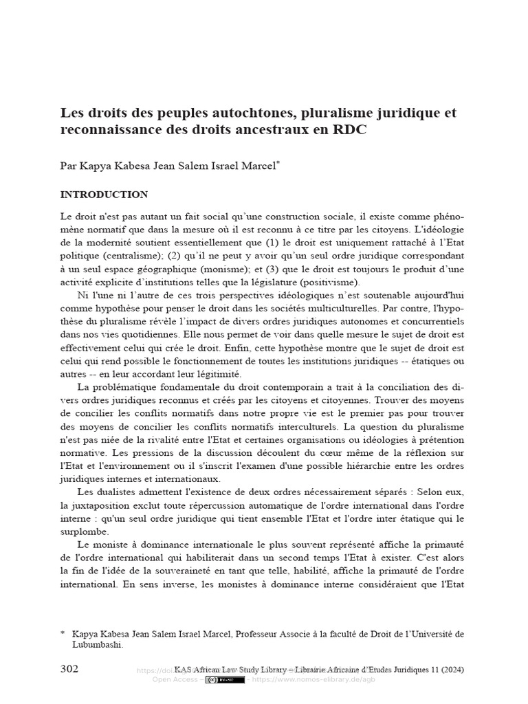 Droits autochtones et pluralisme juridique RDC | PDF | Ethnicité | État
