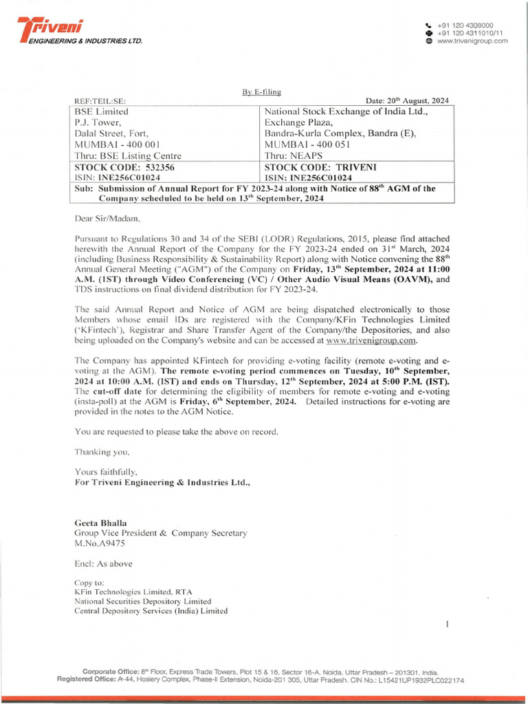 Triveni Engineering AGM Notice 2024 | PDF | Login | Password