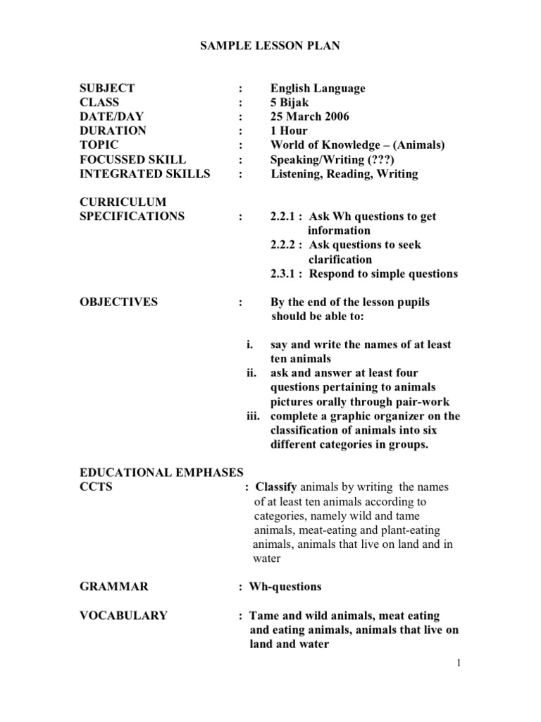 Sample Lesson Plan English Primary School  PDF  Question