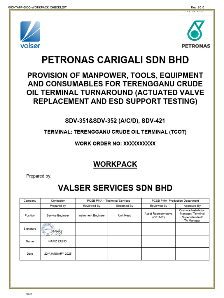 TCOT Valve Replacement Workpack Checklist | PDF | First Aid | Valve