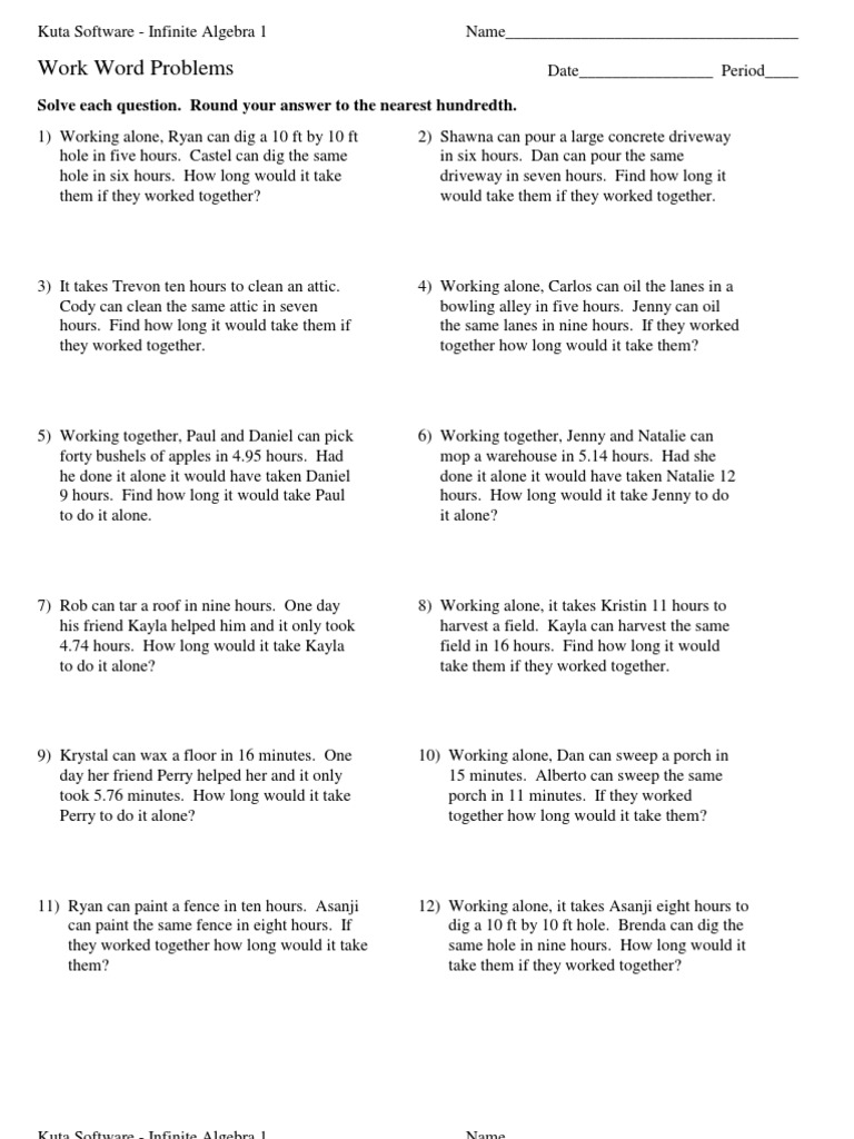 Kuta Software Work Word Problems Algebra Physics & Mathematics